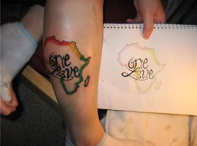 One Love Text Colorful Ink African Map Tattoo