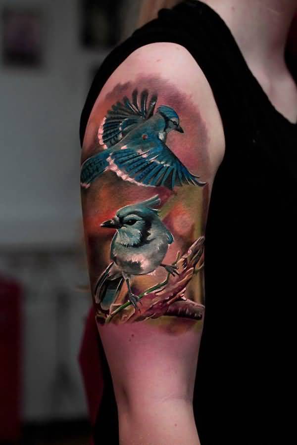 Realistic Upper Sleeve 3D Awesome Sweet Flying Bird Tattoo