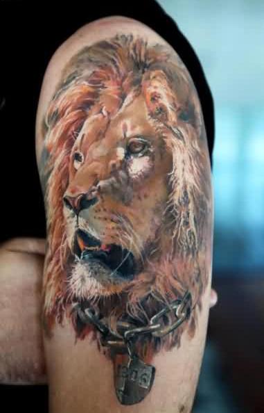 Sweet Sad African Lion Tattoo On Upper Sleeve