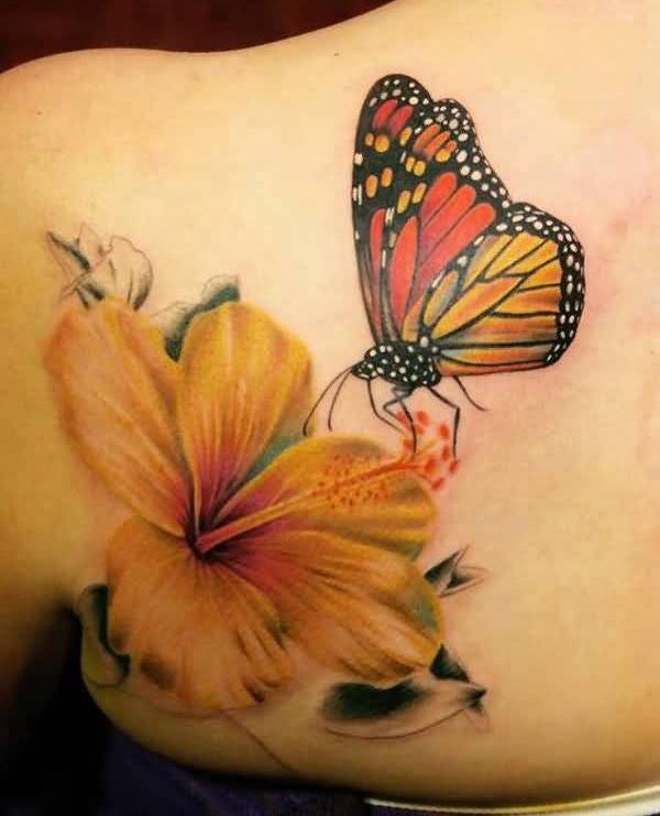 Upper Side Back Terrific 3D Butterfly And Flower Tattoo