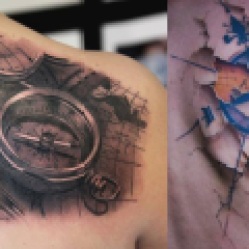 3D Realistic Compass And Map Tattoo On Upper Back