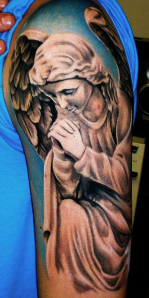 Close Hand Praying Angel Girl Tattoo For Realistic Shoulder