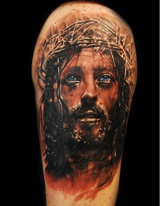 Realistic 3D Jesus Face Tattoo Design Idea By Tomasz Tofi Torfinski