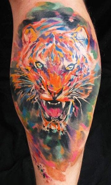 Watercolor Aggressive Tiger Roaring Face Tattoo